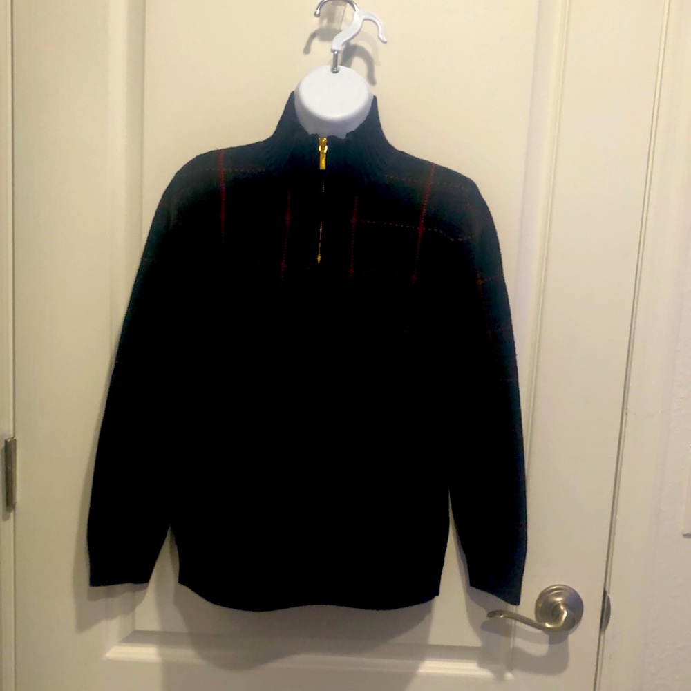 Lauren LS plaid sweater. Brass zipper at neckline. Petite P.